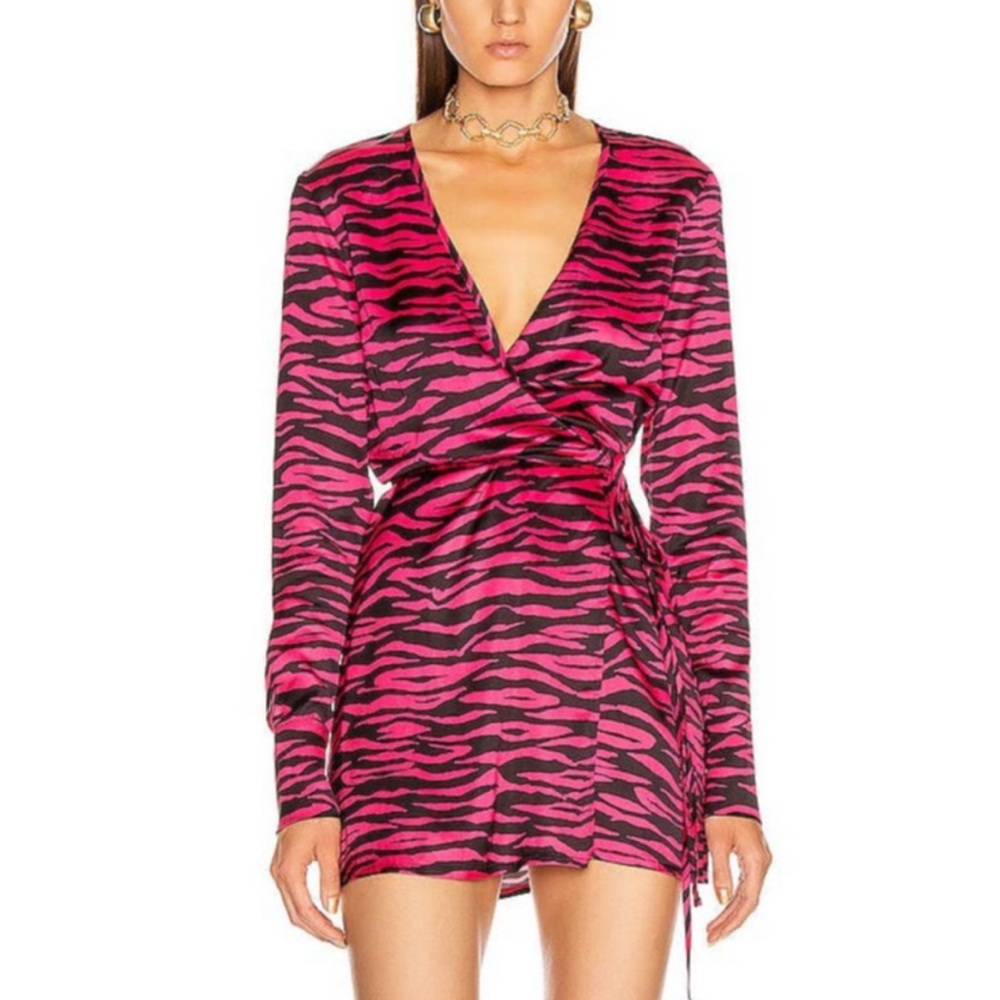 Hot Pink Zebra Print Long-Sleeve Mini Wrap Dress
